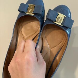 Salvatore Ferragamo Navy Patent Leather Flats with Bow